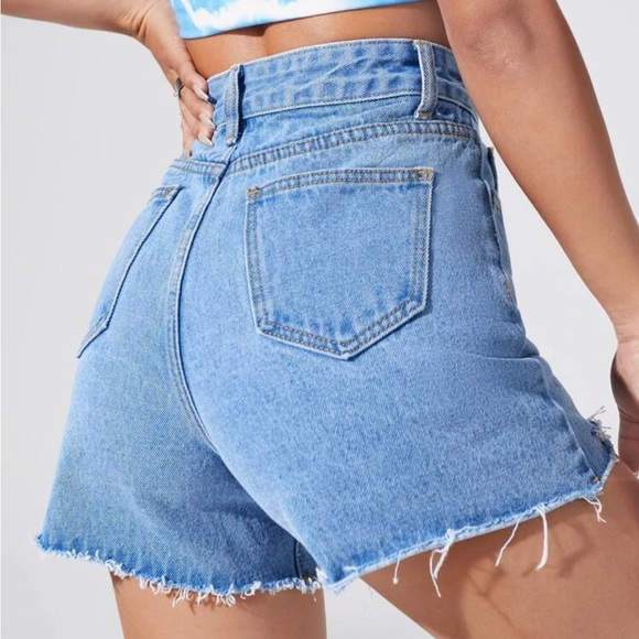 High Waisted Denim shorts with Rips - Picture 2 of 3